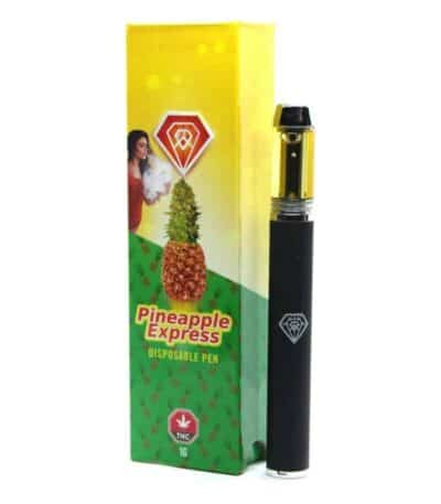 Rich, colorful disposable vape pen with Pineapple Express cannabis flavor, featuring a sleek black design, and vibrant packaging highlighting pineapple and cannabis imagery, ideal for cannabis enthusiasts.