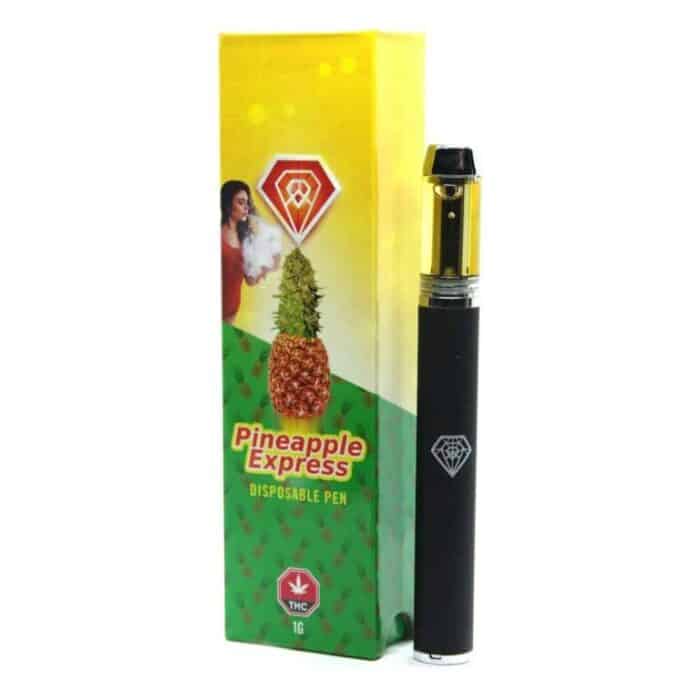 Diamond-Concentrates-Disposable-Vape-1g-8211-Pineapple-Express-buybulkweed-weed-deals-canada-768x768 Rich, colorful disposable vape pen with Pineapple Express cannabis flavor, featuring a sleek black design, and vibrant packaging highlighting pineapple and cannabis imagery, ideal for cannabis enthusiasts.
