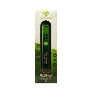 Vape pen packaging featuring Girl Scout Cookies flavor by Fraser Weed, designed with green and black accents, showcasing a disposable cannabis oil pen for vaping.