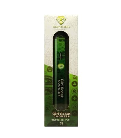 Vape pen packaging featuring Girl Scout Cookies flavor by Fraser Weed, designed with green and black accents, showcasing a disposable cannabis oil pen for vaping.