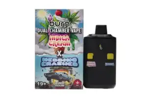 Colorful cannabis-themed vape device with dual chambers, brightly packaged for discreet use, designed for vaping enthusiasts interested in cannabis concentrates and flavored e-liquids.