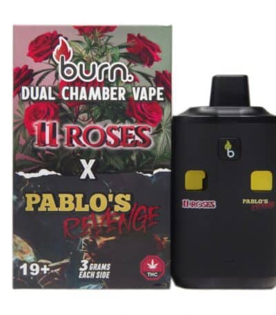 Vape device with dual chambers and THC-related branding, featuring a box with roses, cannabis leaves, and "11 Roses" text, designed for cannabis vape enthusiasts.